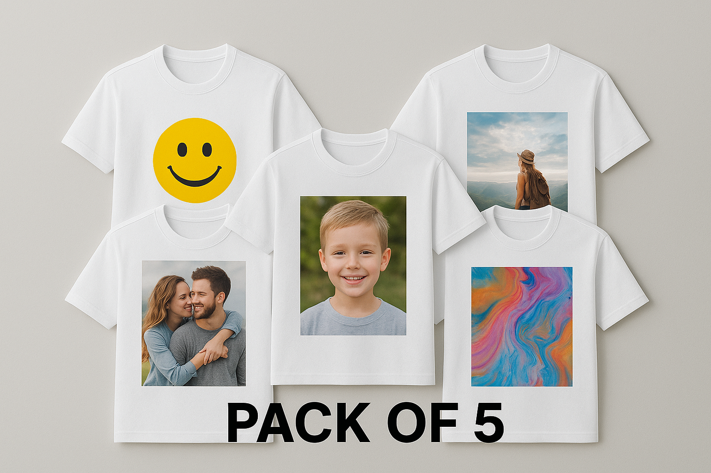 Pack of 5 Custom Photo Print White T-Shirts | Round Neck Polyester