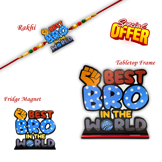 Best Bro in the World Rakhi Combo – Rakhi + Fridge Magnet + Tabletop Frame
